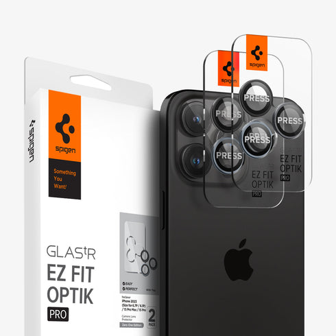 AGL07163 - iPhone 15 Pro / 15 Pro Max Optik Pro Lens Protector in natural titanium showing the device